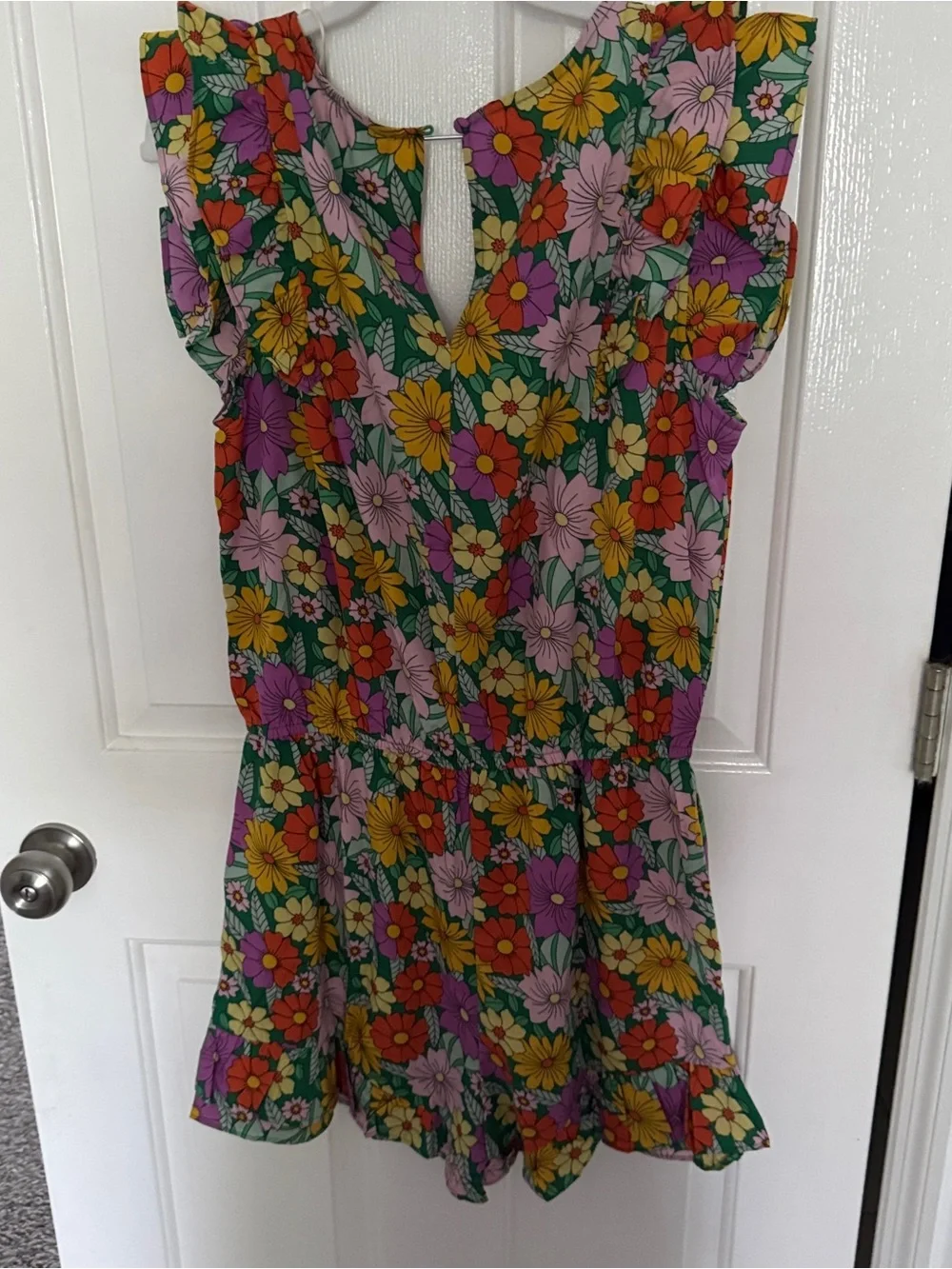 Umgee Green Floral Ruffle Romper with Pink Yellow Orange Blossoms - Picture 4 of 4